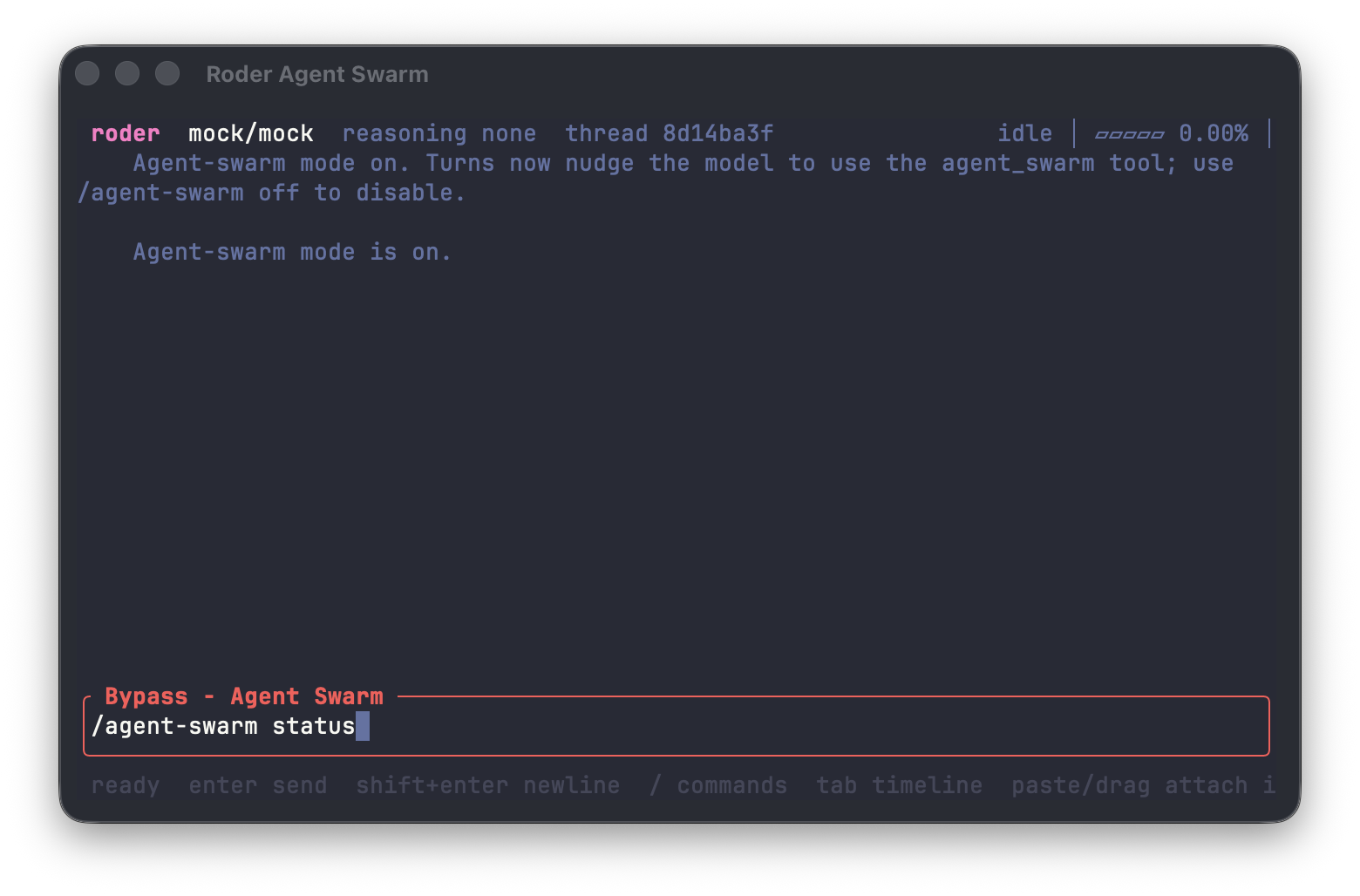 Roder interactive TUI in Ghostty showing Agent Swarm mode enabled and the agent-swarm status command