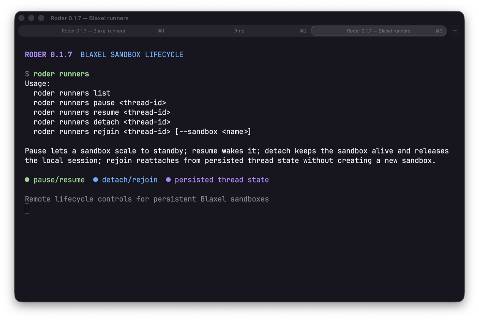 Roder running in Ghostty showing runner lifecycle commands for persistent Blaxel sandboxes