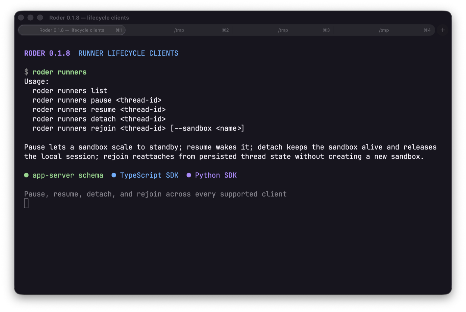 Roder running in Ghostty with runner lifecycle commands available through generated app-server clients
