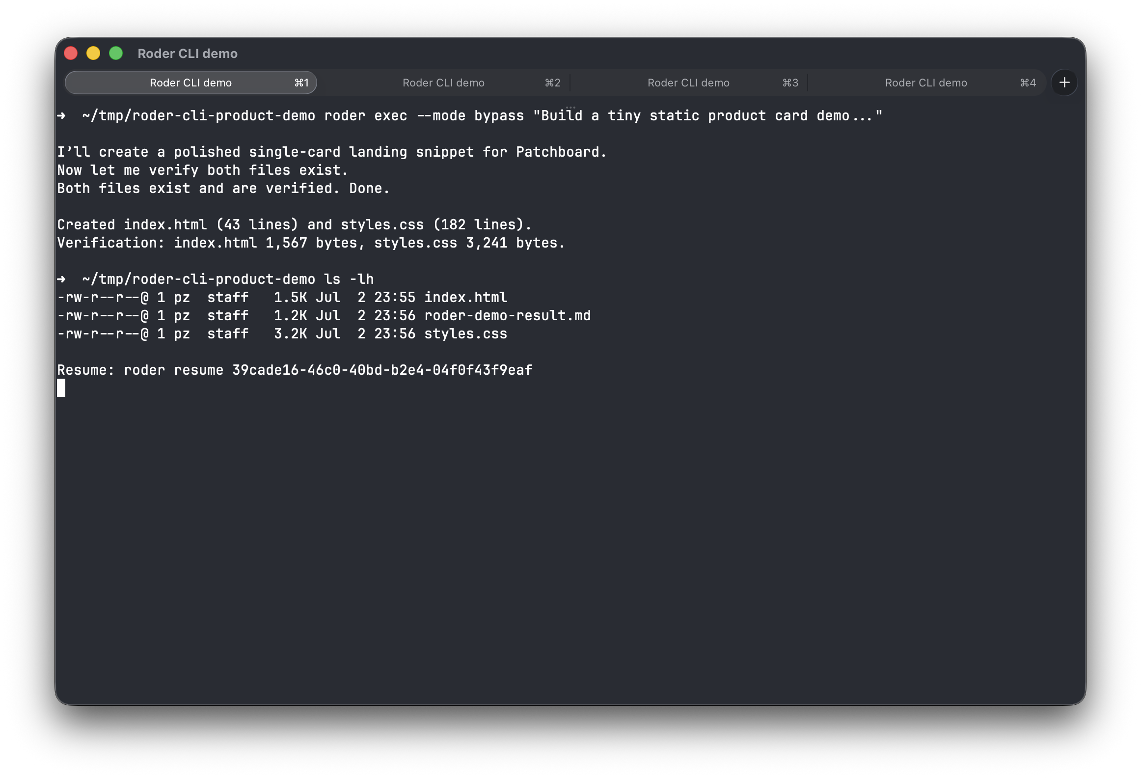 Ghostty terminal showing Roder building a small Patchboard static site in a temporary repo